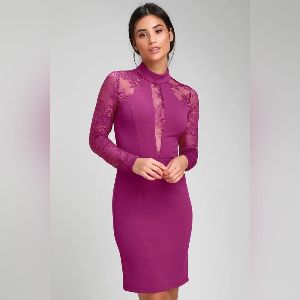 NWT Lulu's Oretha Fuchsia Lace Long Sleeve Bodycon Dress XS